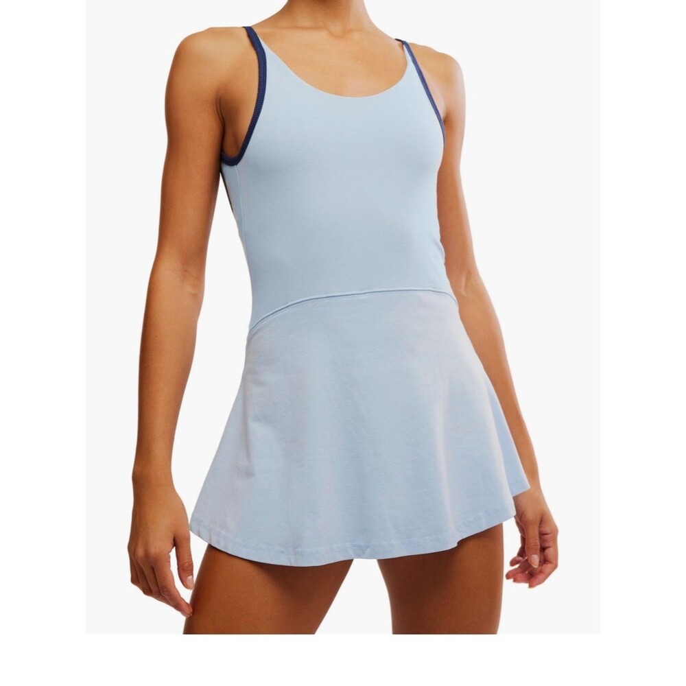 Free People Light Blue Hot Shot Skortsie Mini Dress with Navy Trim - Size L NWOT